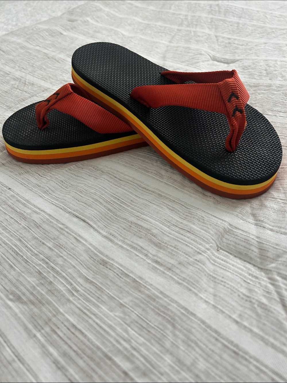Vintage 1970’s/80’s  Black Flip Flops with Red Straps and Multicolor Stripe Sole